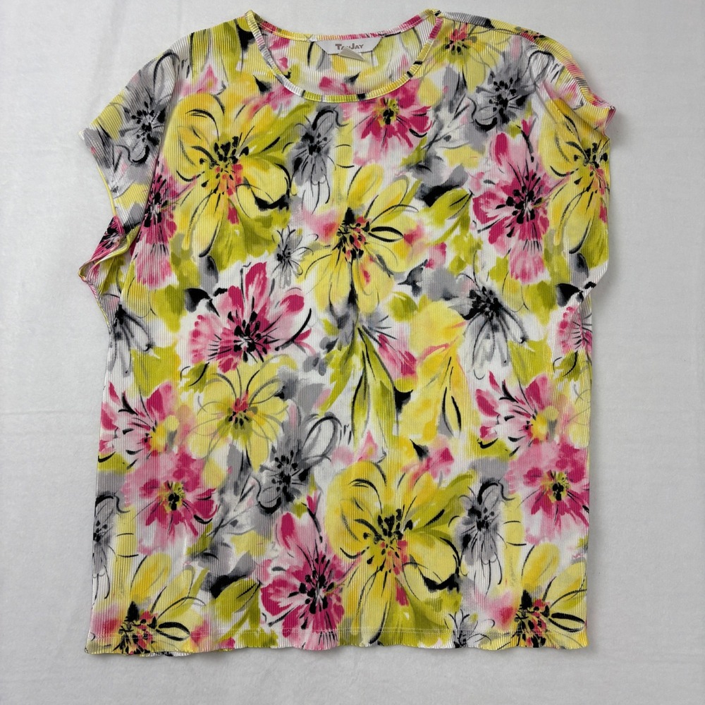 TanJay Womens Floral Plisse Blouse Yellow Pink Crew Neck Cap Sleeve Top Size L